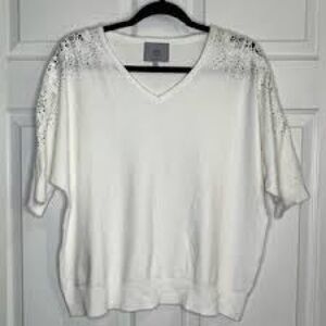 LIV Milano Women's Short Sleeve V-Neck‎ Knit Top with Lace Details